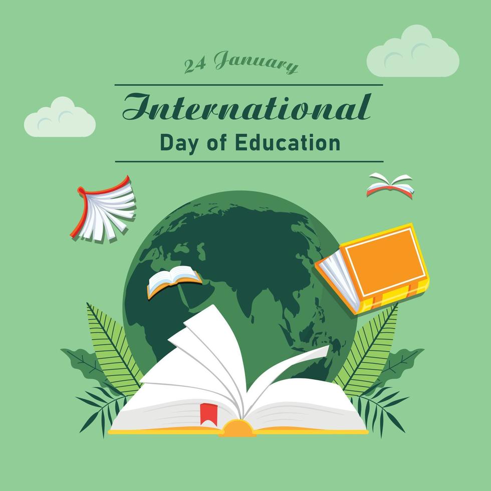 International education day, 24 january. flat design. books, globes, and clouds. depiction of the world of education. flat illustration. vector