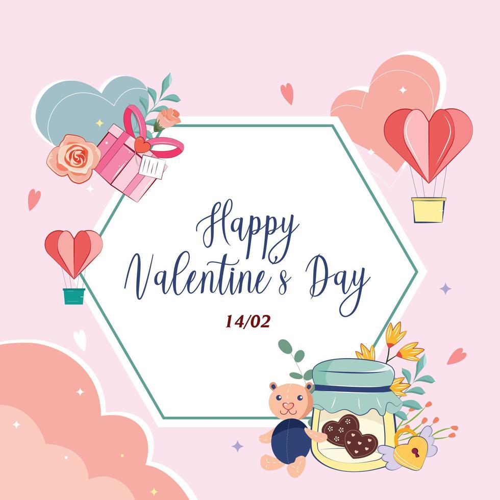 happy Valentine. February 14th. folded paper hearts. heart balloons, gifts, stuffed flowers and cute jars. vector illustration.