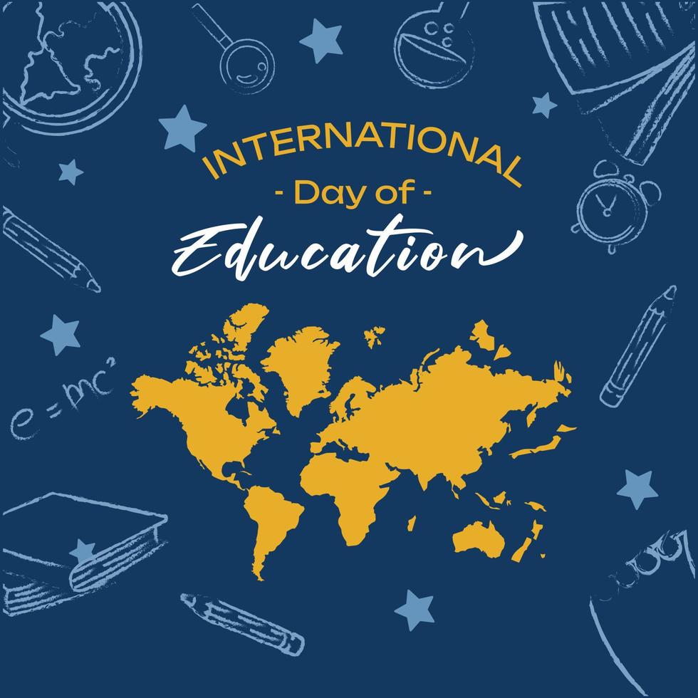 international education day, 24 january. world map background. book, globe, clock, pencil and calculator. education World. flat illustration. vector