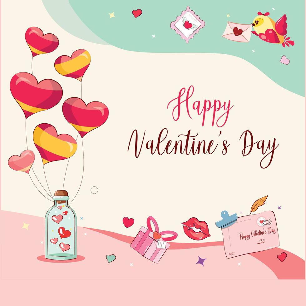 Happy Valentine's Day Poster. Holiday background with heart balloons, bottles, gifts, lips, birds and invitation envelopes. Vector illustration with text happy valentine day.