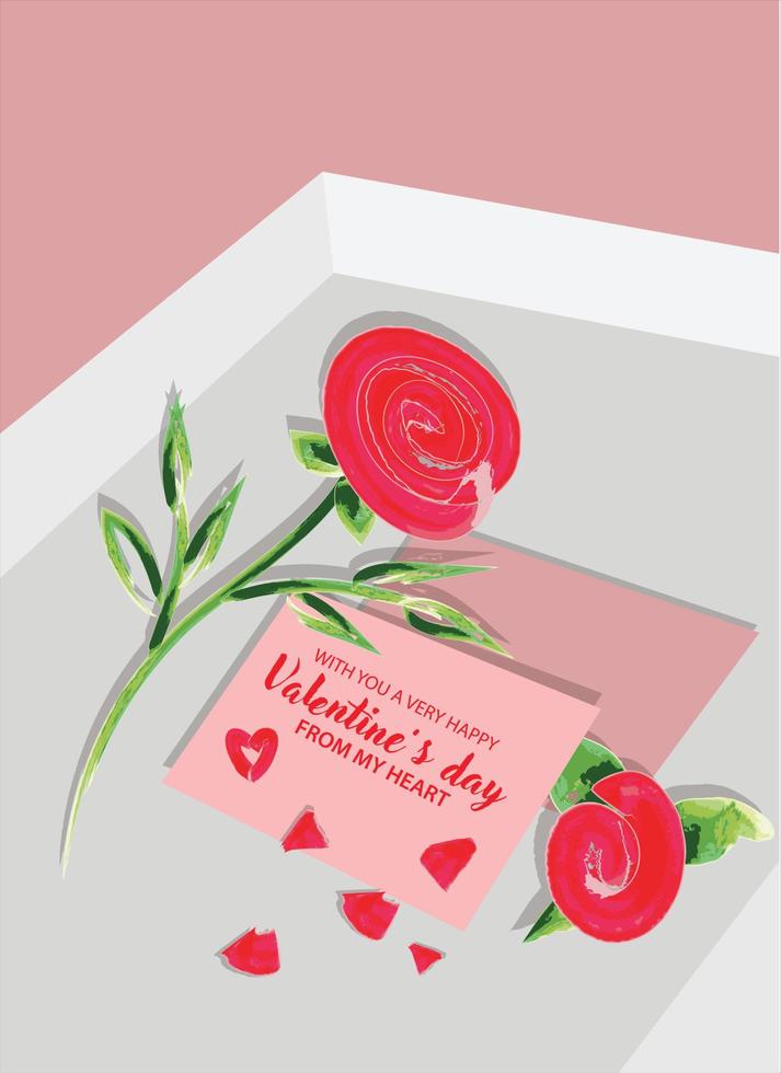 Happy Valentine. flowers, red hearts and invitation envelopes. Vector illustration with text happy valentine day.