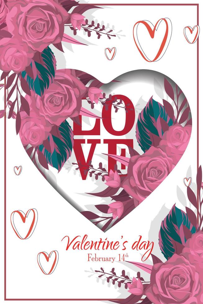 Valentine's Day, February 14th. Vector illustration of love, couple, heart, valentine, leaf, flower. Image for postcards, cards, congratulations and posters.