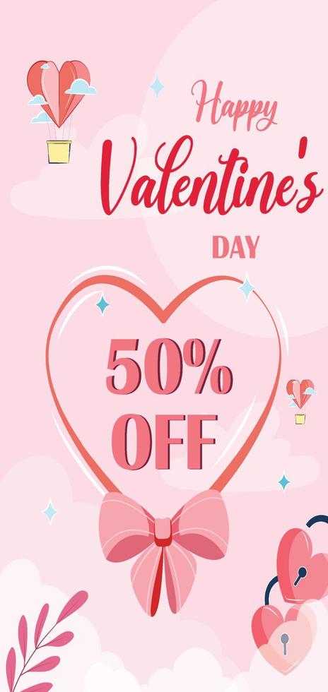 Valentine Day sale background with a combination of leaf hearts, ribbons and text 50 off. Vector illustration for website, poster, advertisement, coupon, promotional material.