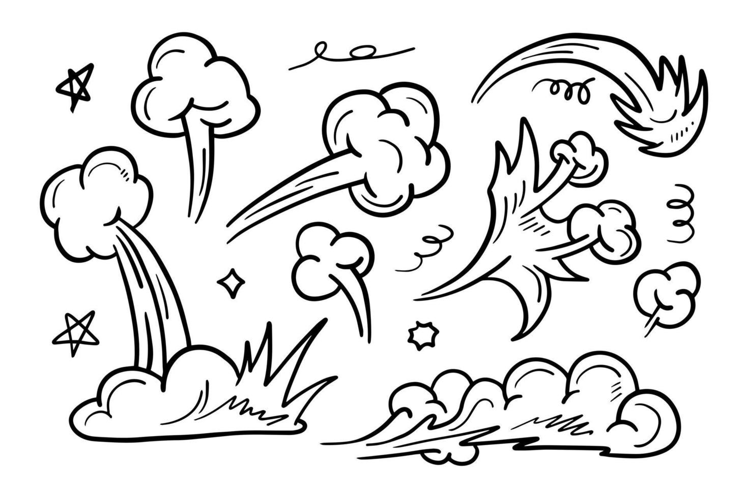 establecer la explosión de energía cómica del doodle. nube de humo de llama de dibujos animados, ilustración vectorial. vector