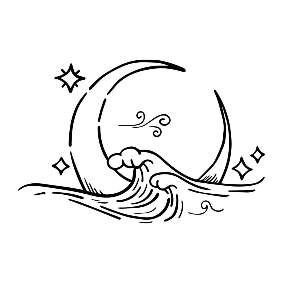 arte lineal de la luna y las olas, ilustración vectorial vector