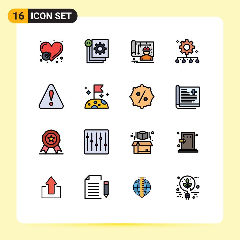 grupo de 16 líneas llenas de color plano, signos y símbolos para la gestión del trabajo, gestión del equipo, proceso, autoridad, responsabilidad, diseño, elementos de diseño de vectores creativos editables