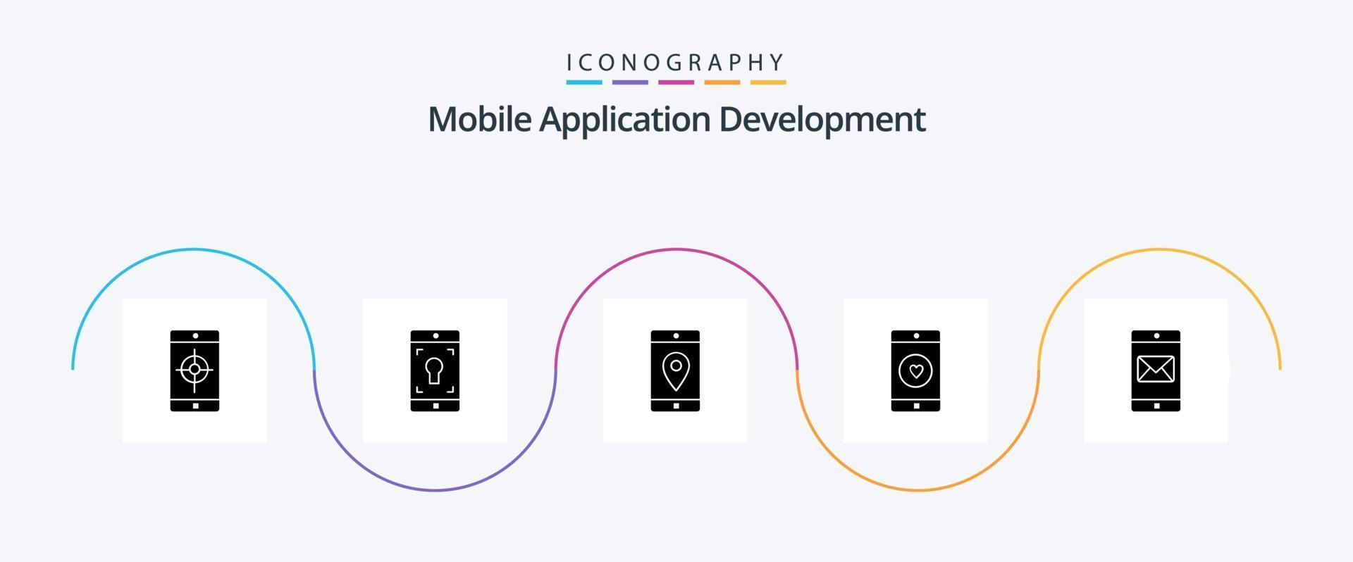 Mobile Application Development Glyph 5 Icon Pack Including heart. mobile application. application. mobile. map vector