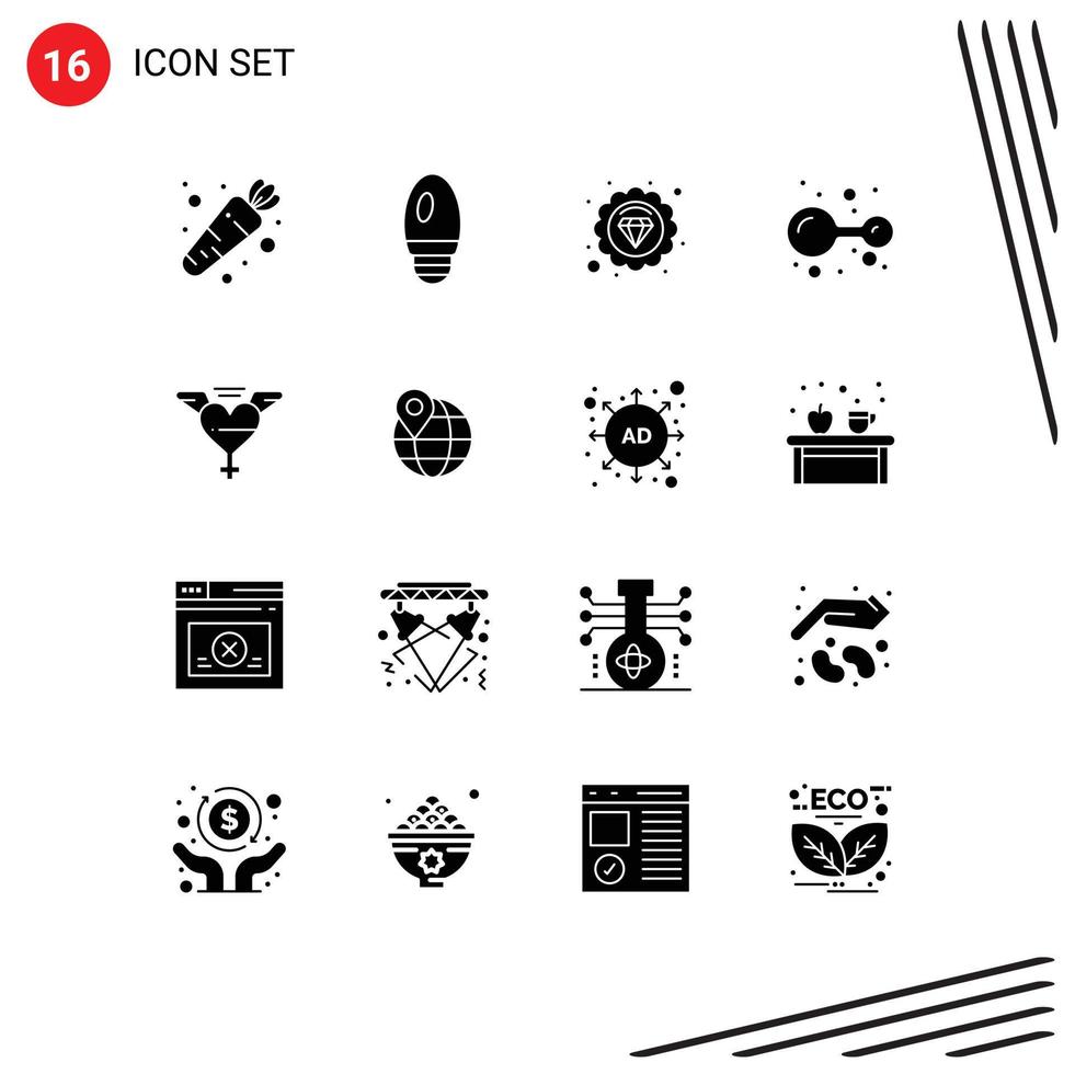 Pack of 16 Modern Solid Glyphs Signs and Symbols for Web Print Media such as map love marketing seo wings lab Editable Vector Design Elements