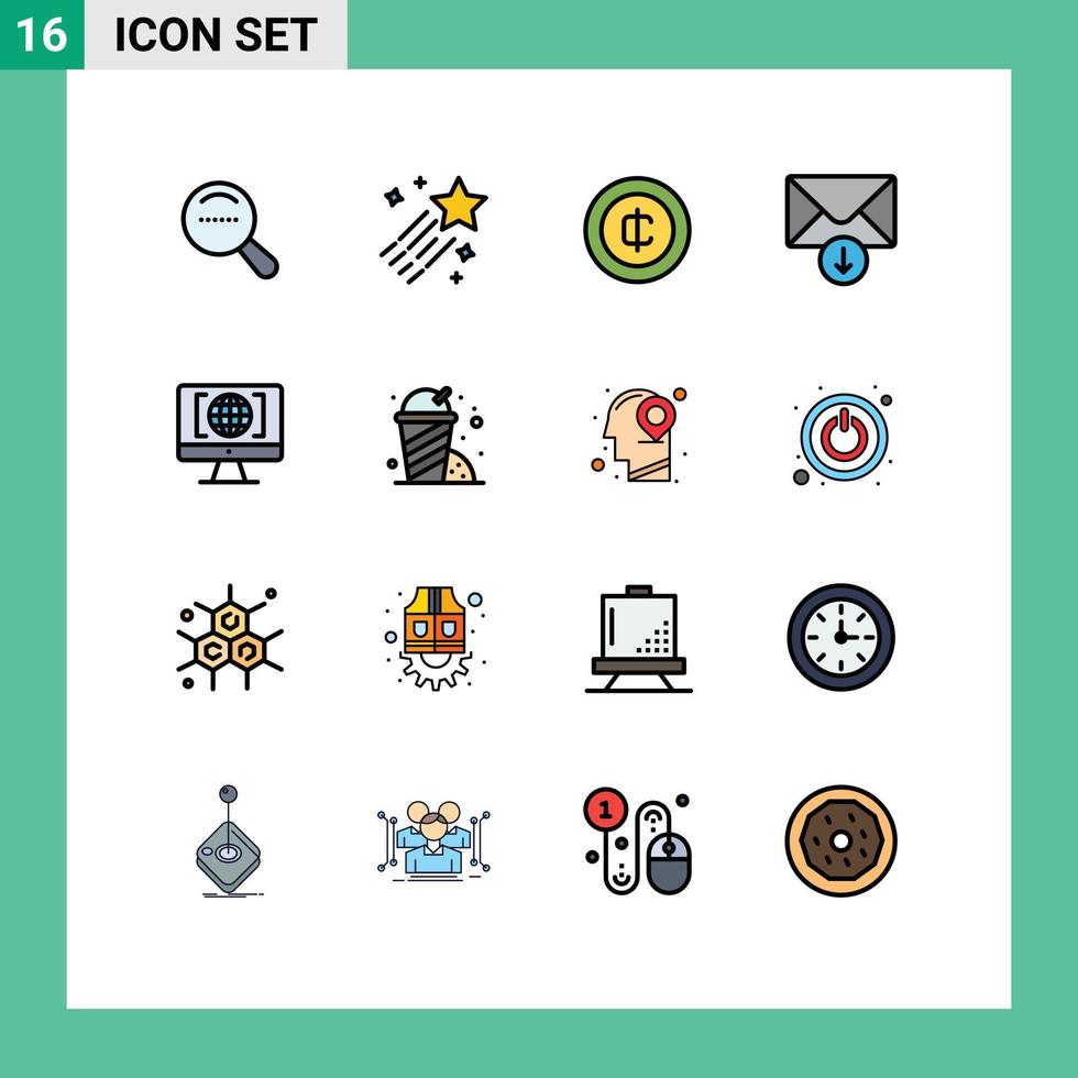 Group of 16 Flat Color Filled Lines Signs and Symbols for big think internet coin computer message Editable Creative Vector Design Elements