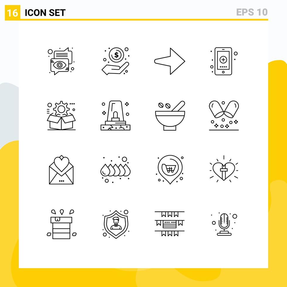 16 Universal Outlines Set for Web and Mobile Applications box medical money in hand hospital app Editable Vector Design Elements
