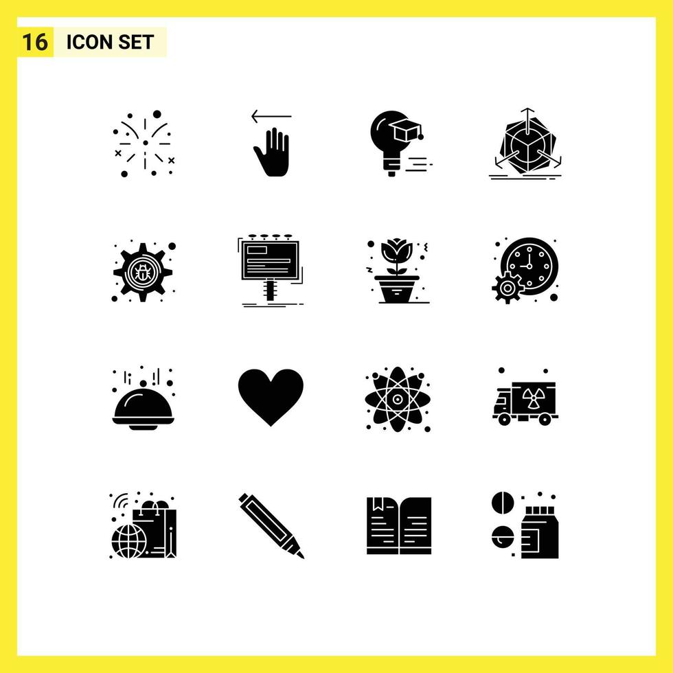 Editable Vector Line Pack of 16 Simple Solid Glyphs of setting bug cyber crime cap object correction Editable Vector Design Elements