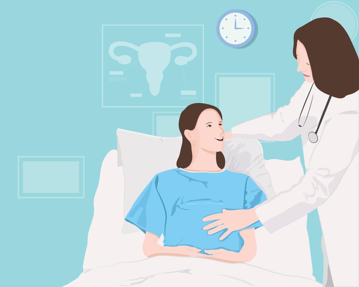 mujer embarazada o madre en consulta médica por un médico de embarazo con procedimientos obstétricos para escanear y monitorear el crecimiento del bebé. ilustración vectorial de fondo vector