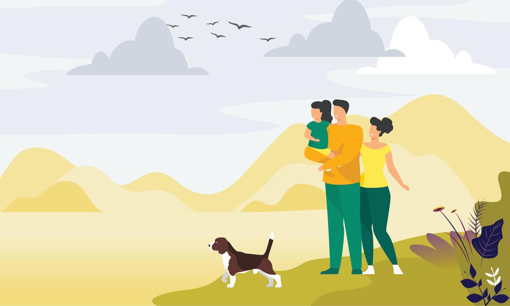 madre, padre e hija, con un perro y niños caminando cerca del río feliz ilustración familiar. vector