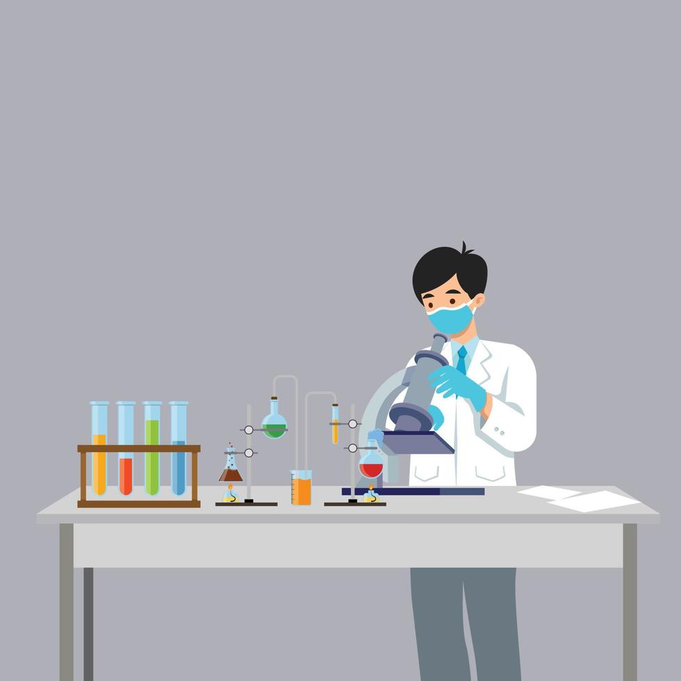 Scientists work in laboratory. New medicine development. Researcher with microscope. Flat vector illustration