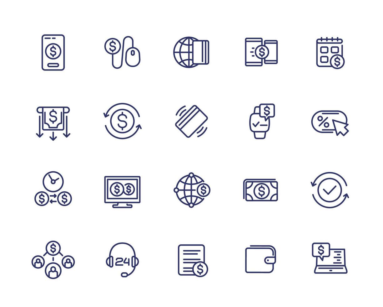 Payments, online banking and money transfers line icons set vector