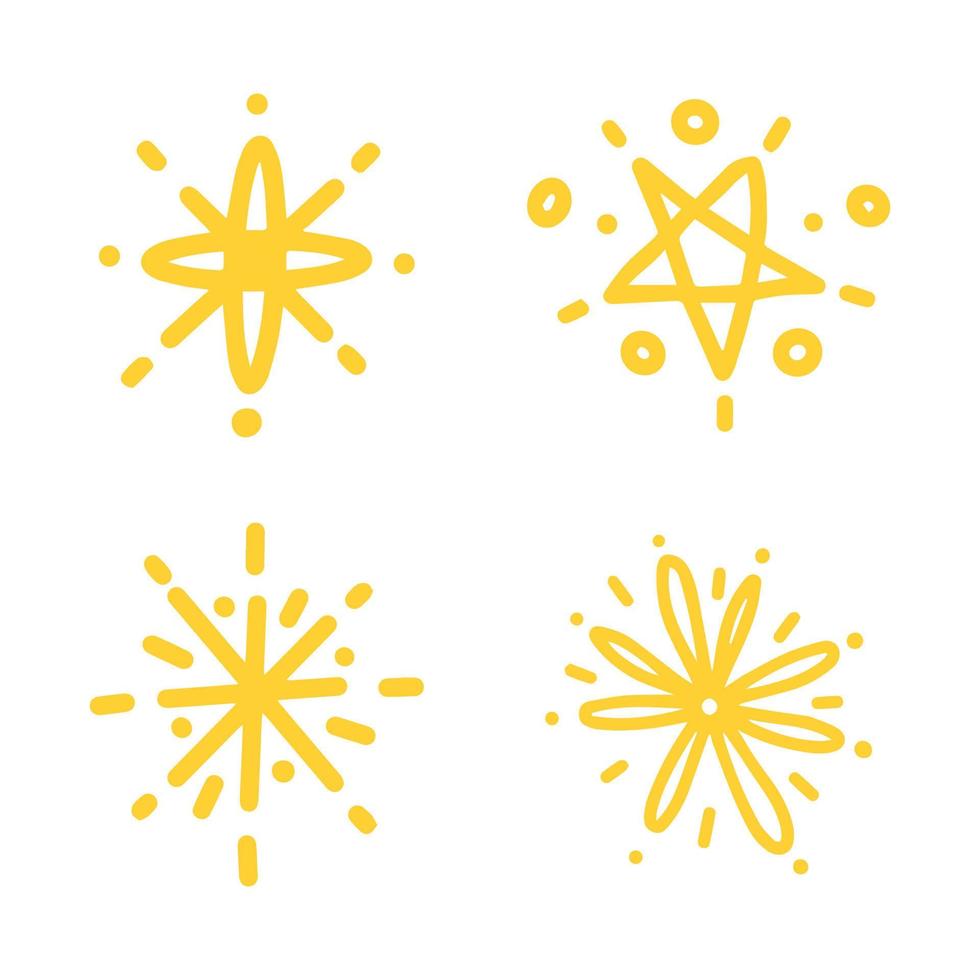 conjunto de estrellas brillantes y estallidos dibujados a mano. estilo garabato. vector