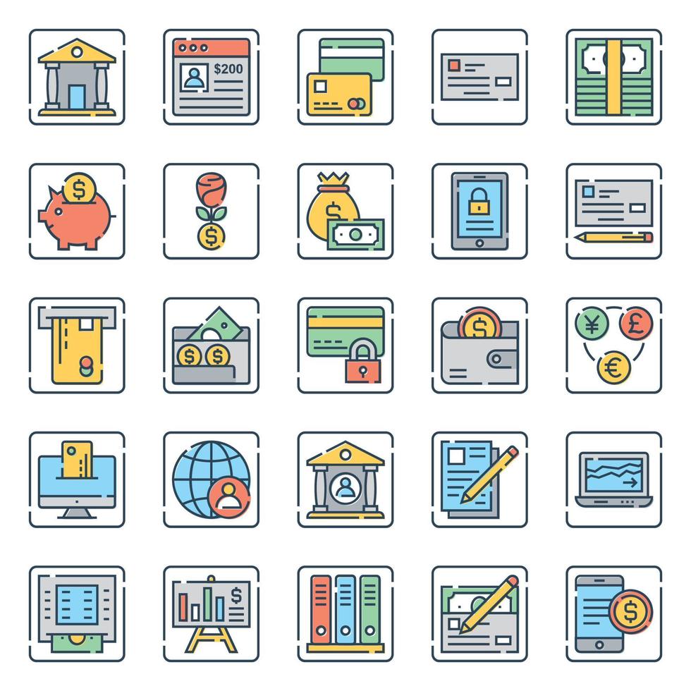 Filled outline icons for banking and finance. vector