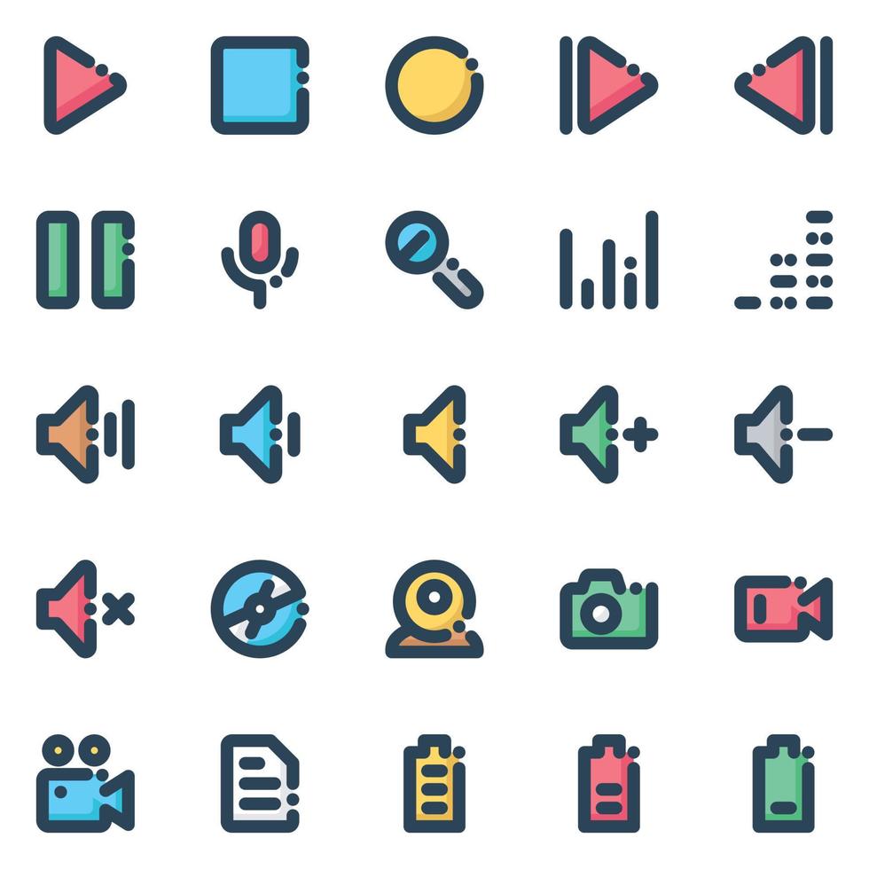 iconos de contorno de color rellenos para los medios. vector