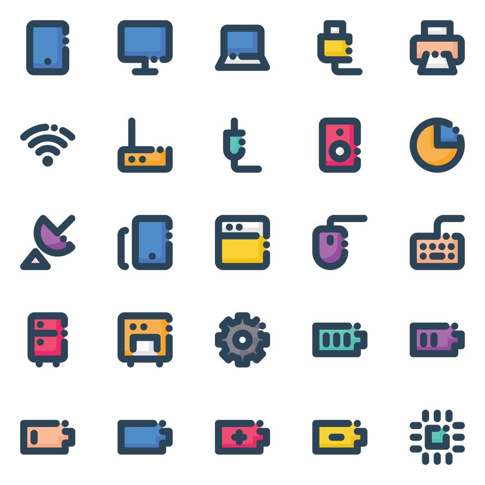 iconos de contorno de color rellenos para electrónica. vector