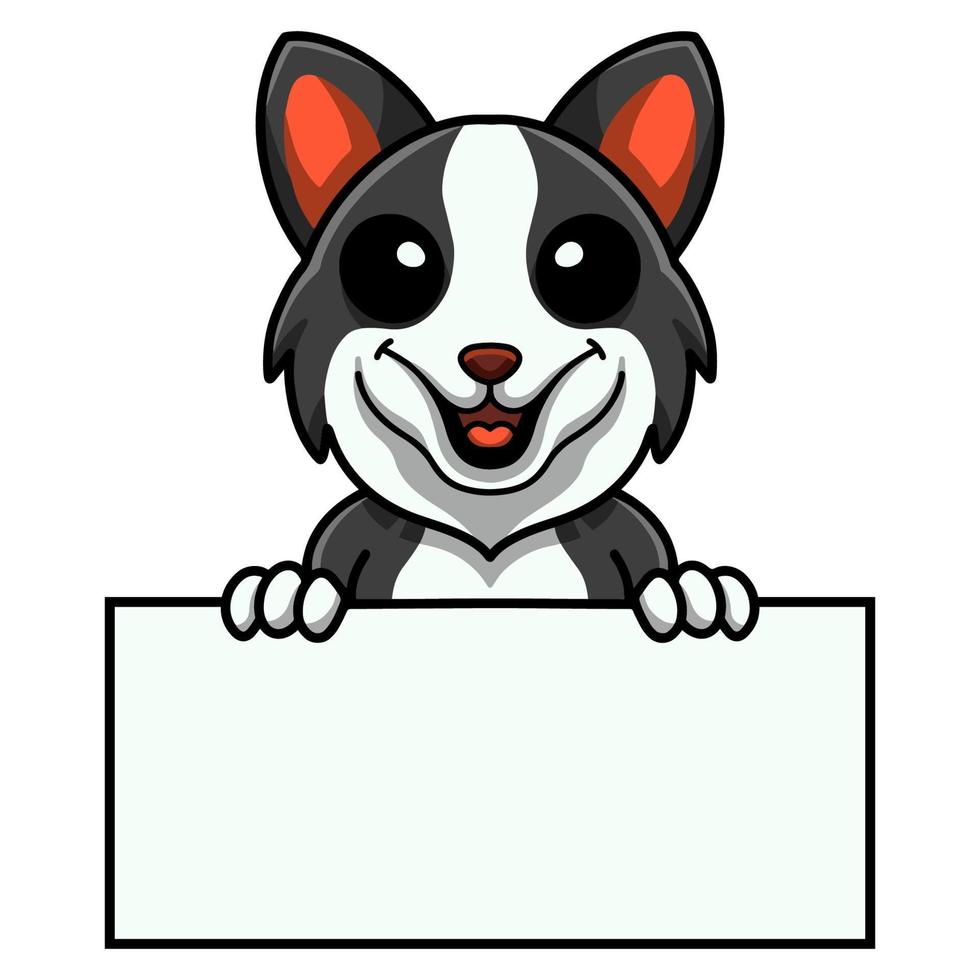 Cute border collie dog cartoon holding blank sign vector