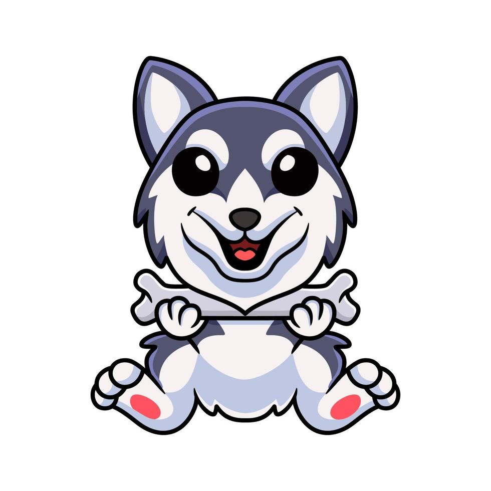 linda caricatura de perro husky siberiano sosteniendo un hueso vector