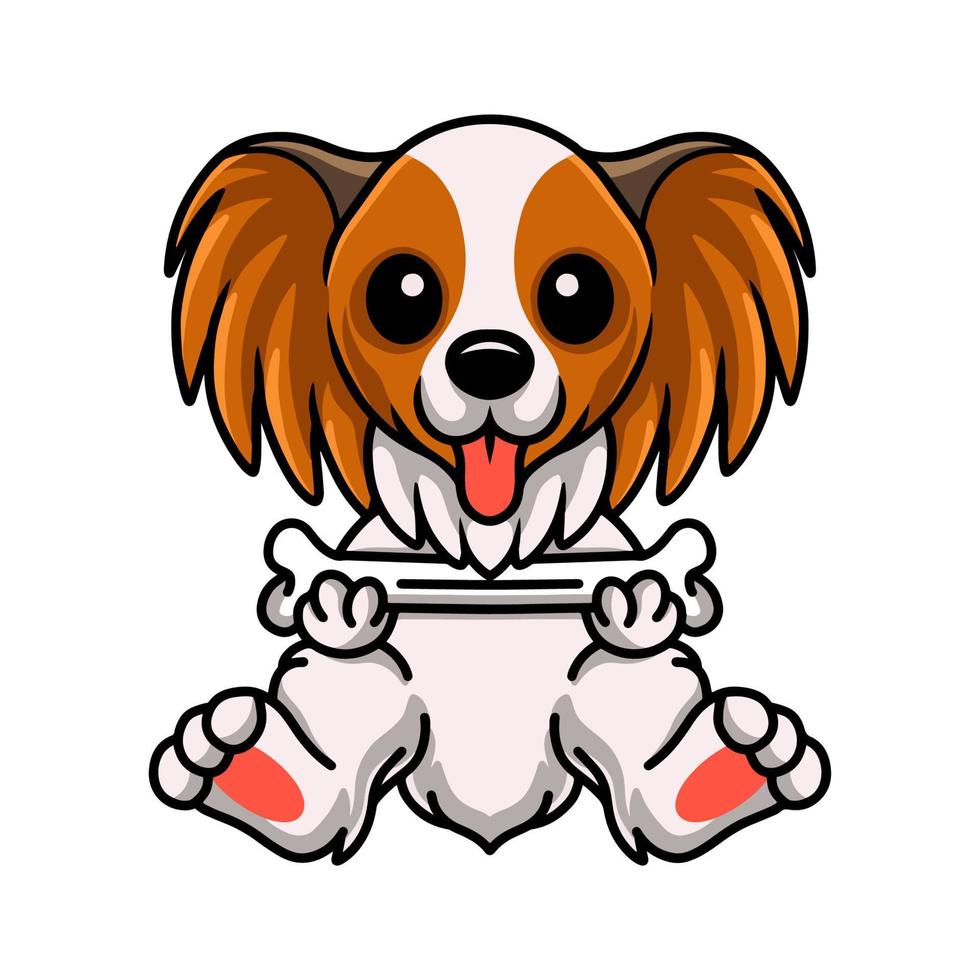 linda caricatura de perro papillon sosteniendo un hueso vector