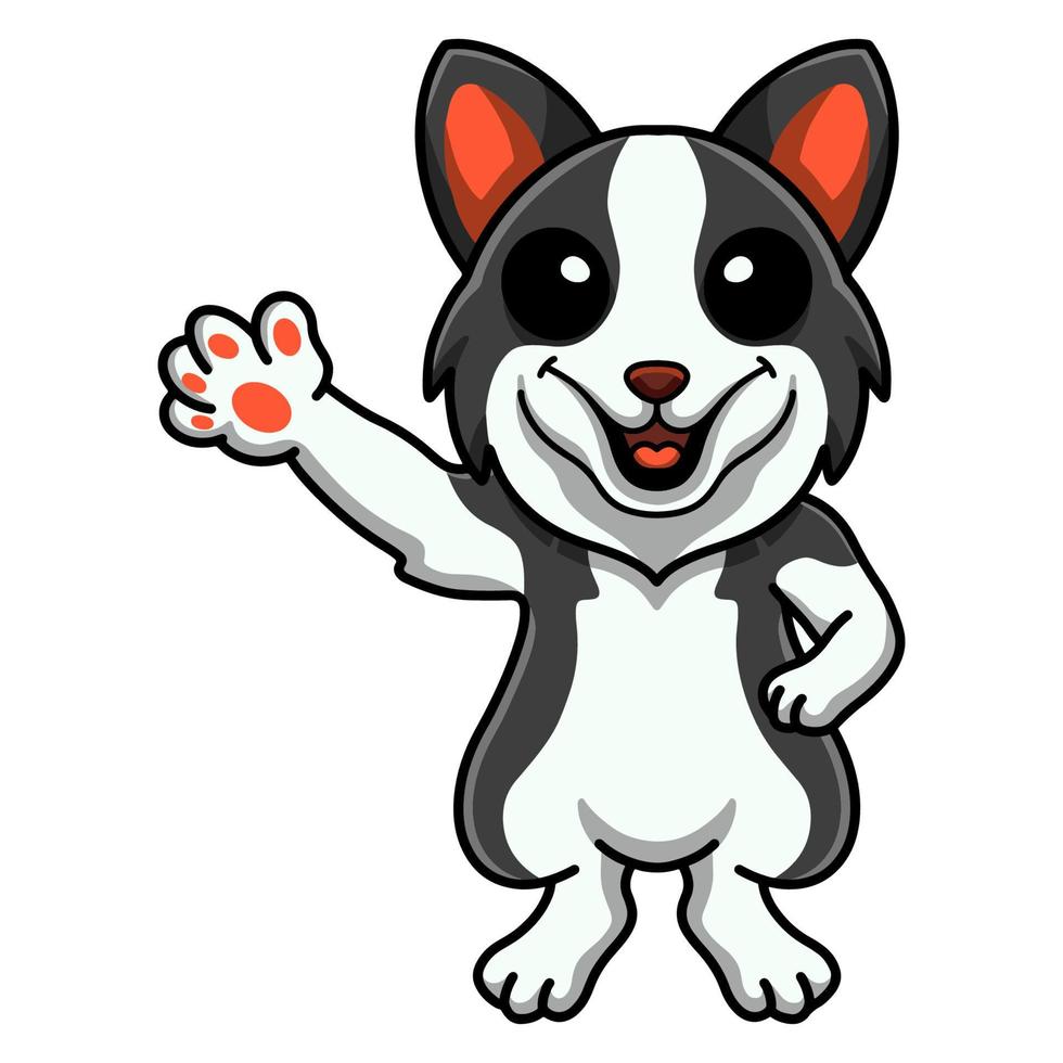 lindo border collie perro dibujos animados agitando la mano vector