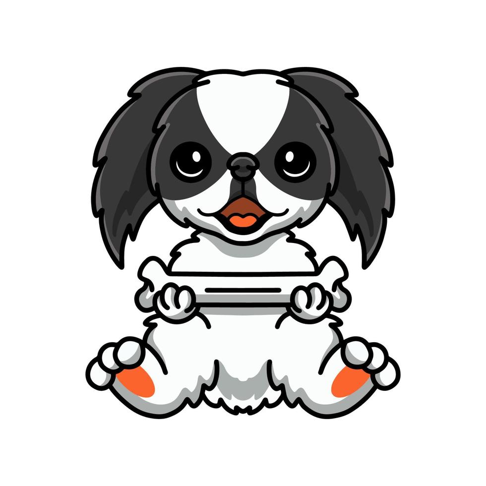 linda caricatura de perro chin japonés sosteniendo un hueso vector