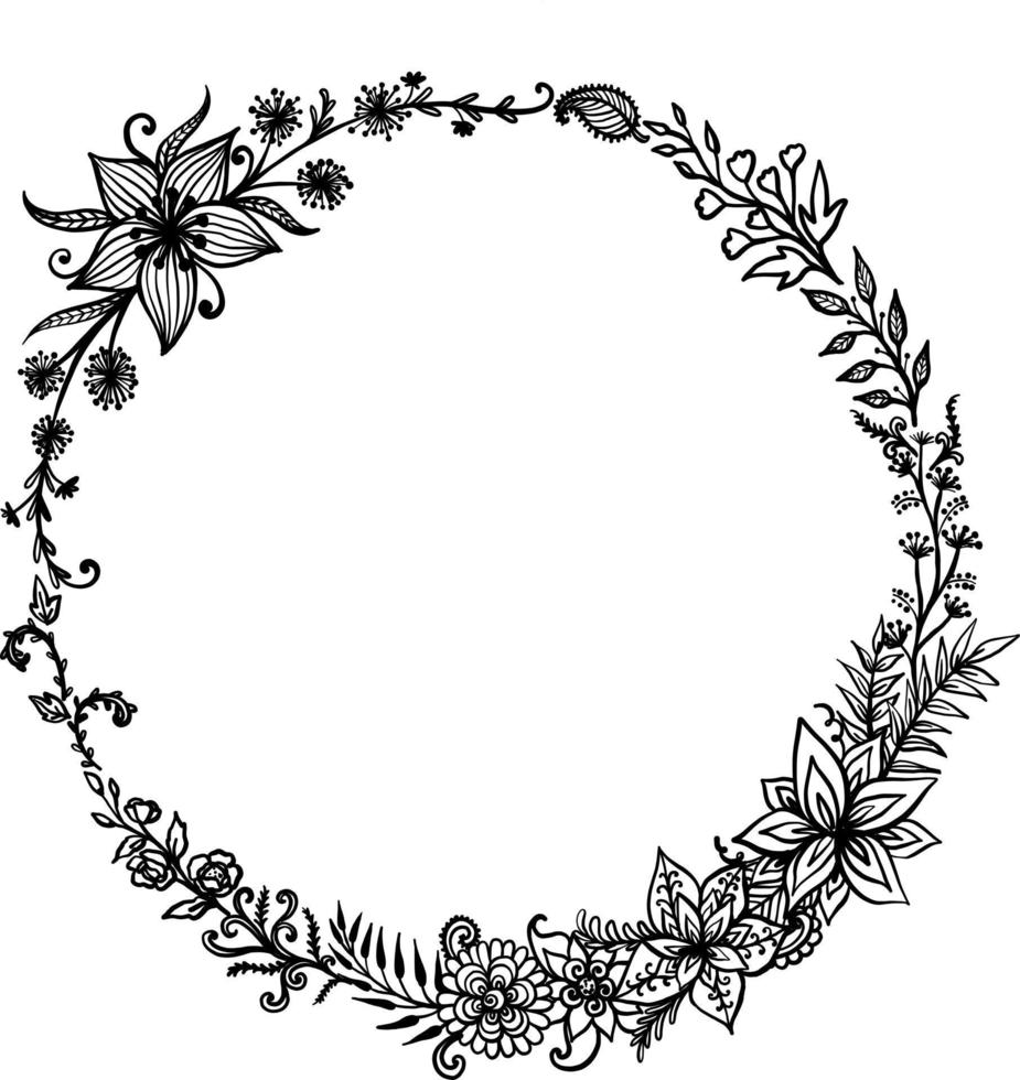 ilustración vectorial de marco floral circular ornamento en colores blanco y negro vector