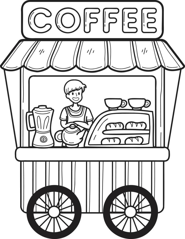 carrito de comida callejera dibujado a mano con ilustración de café vector