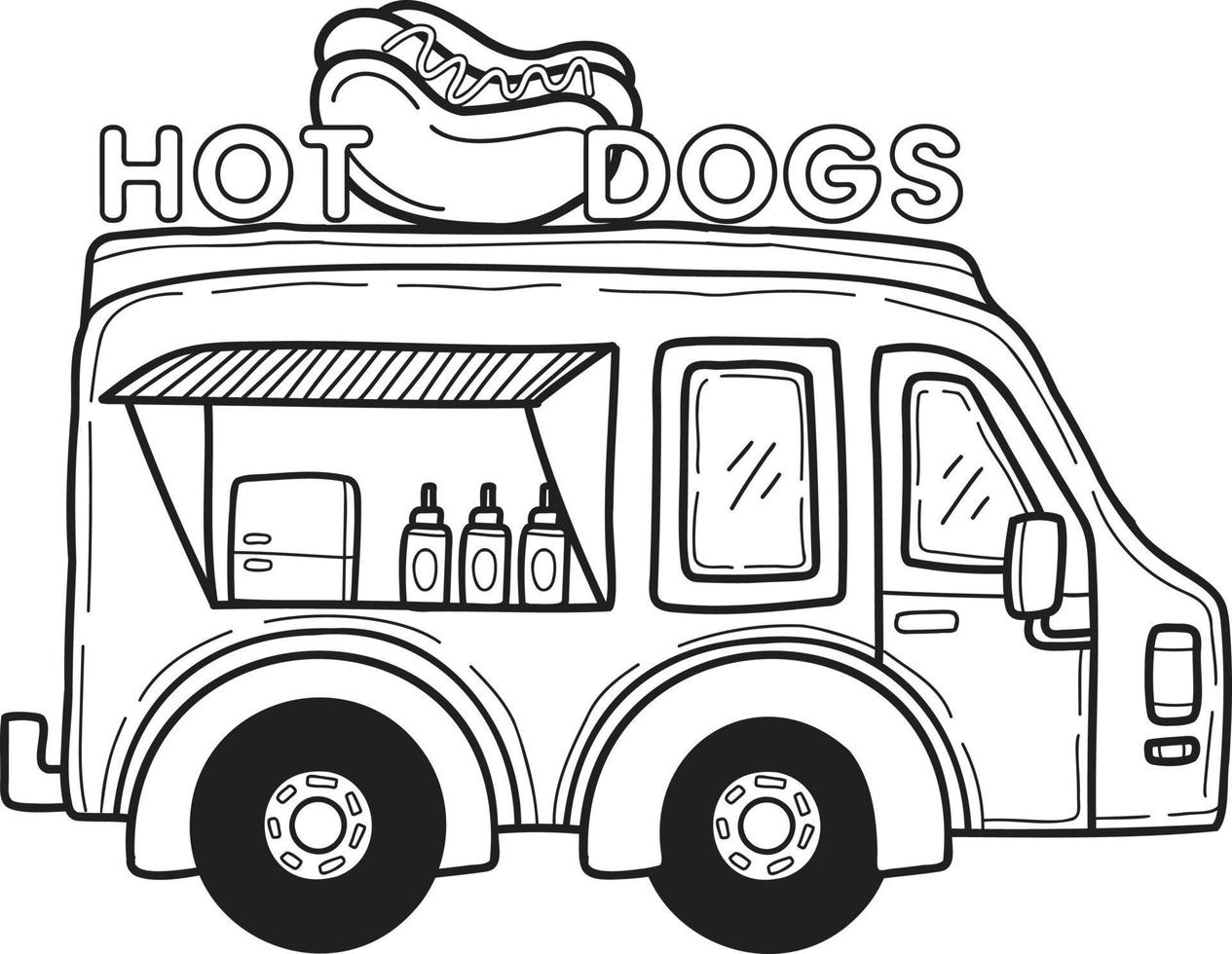 camión de comida dibujado a mano e ilustración de hot dog vector