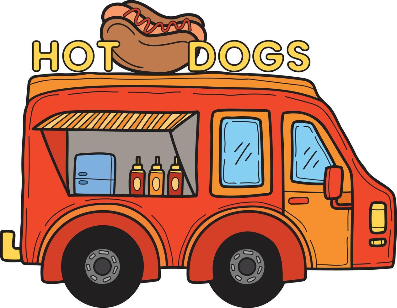 camión de comida dibujado a mano e ilustración de hot dog vector