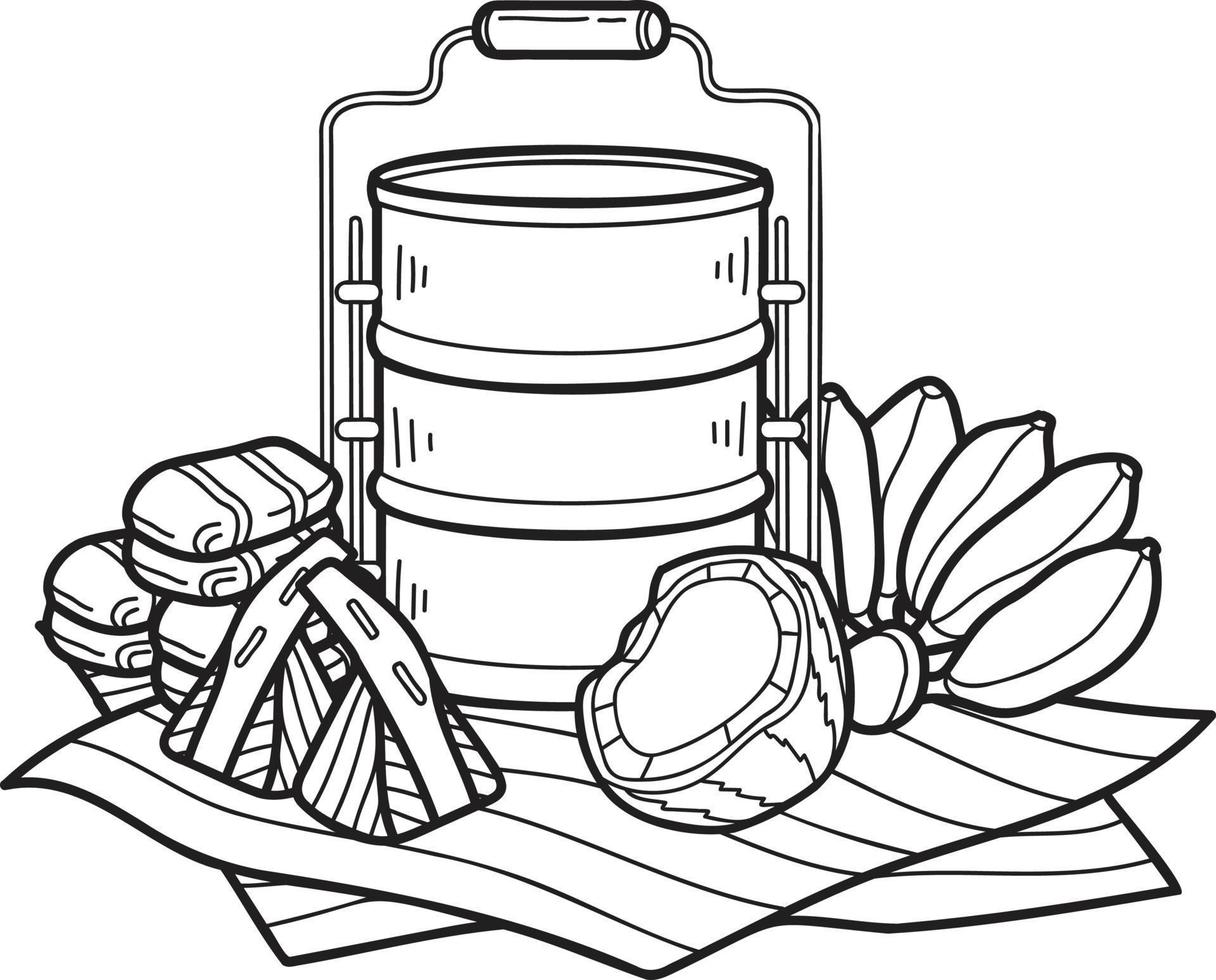 dibujado a mano tiffin tailandés y comida tailandesa ilustración vector