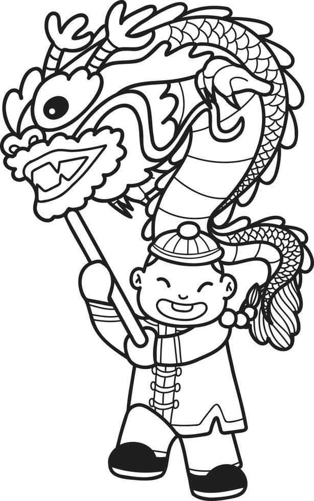 dibujado a mano niño chino bailando dragón ilustración vector