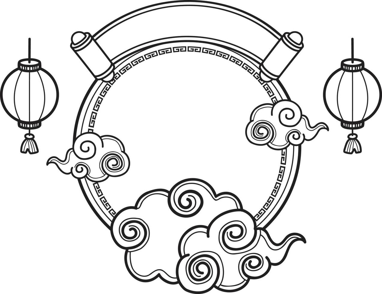 Hand Drawn chinese circle background with clouds illustration vector