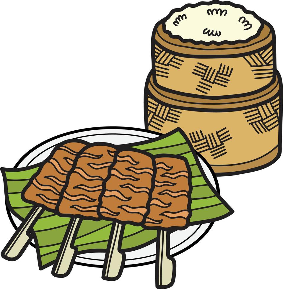 cerdo asado dibujado a mano con ilustración de comida tailandesa vector