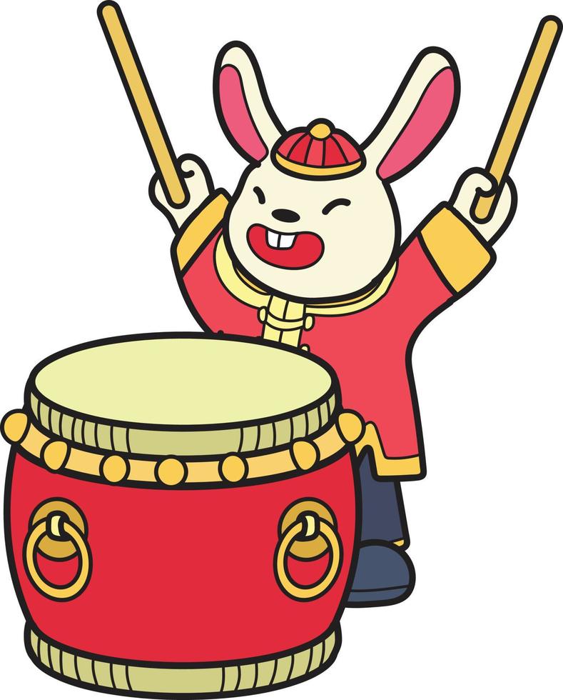 conejo chino dibujado a mano con ilustración de tambor vector