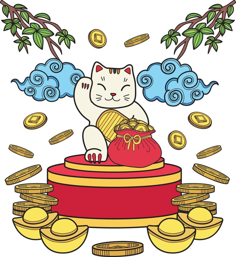 Hand Drawn lucky cat with money illustration vector