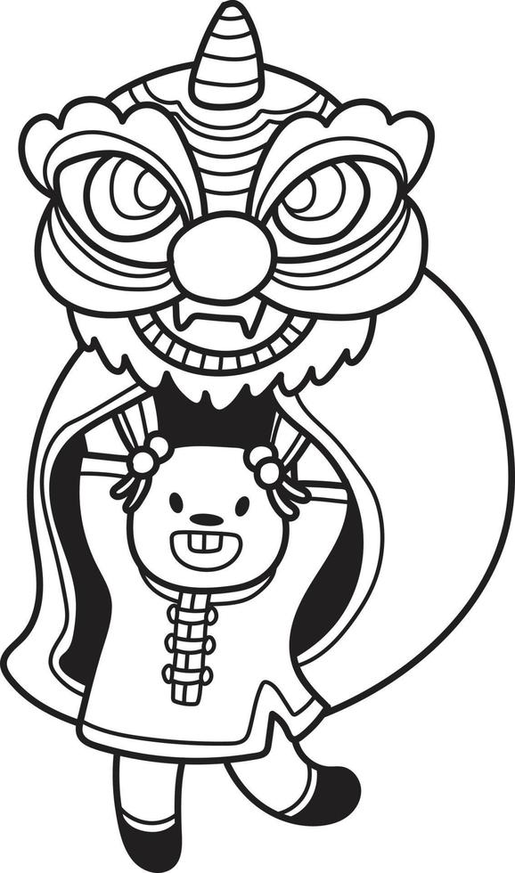 león chino dibujado a mano bailando con una ilustración de conejo vector
