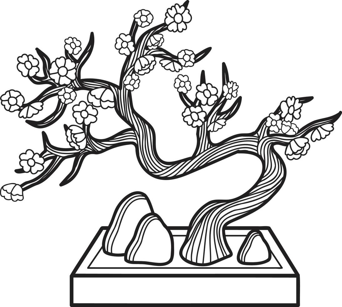 árbol bonsai dibujado a mano con ilustración de piedras vector