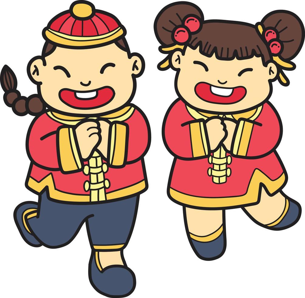 Hand Drawn Chinese boy and girl smiling and happy illustration vector