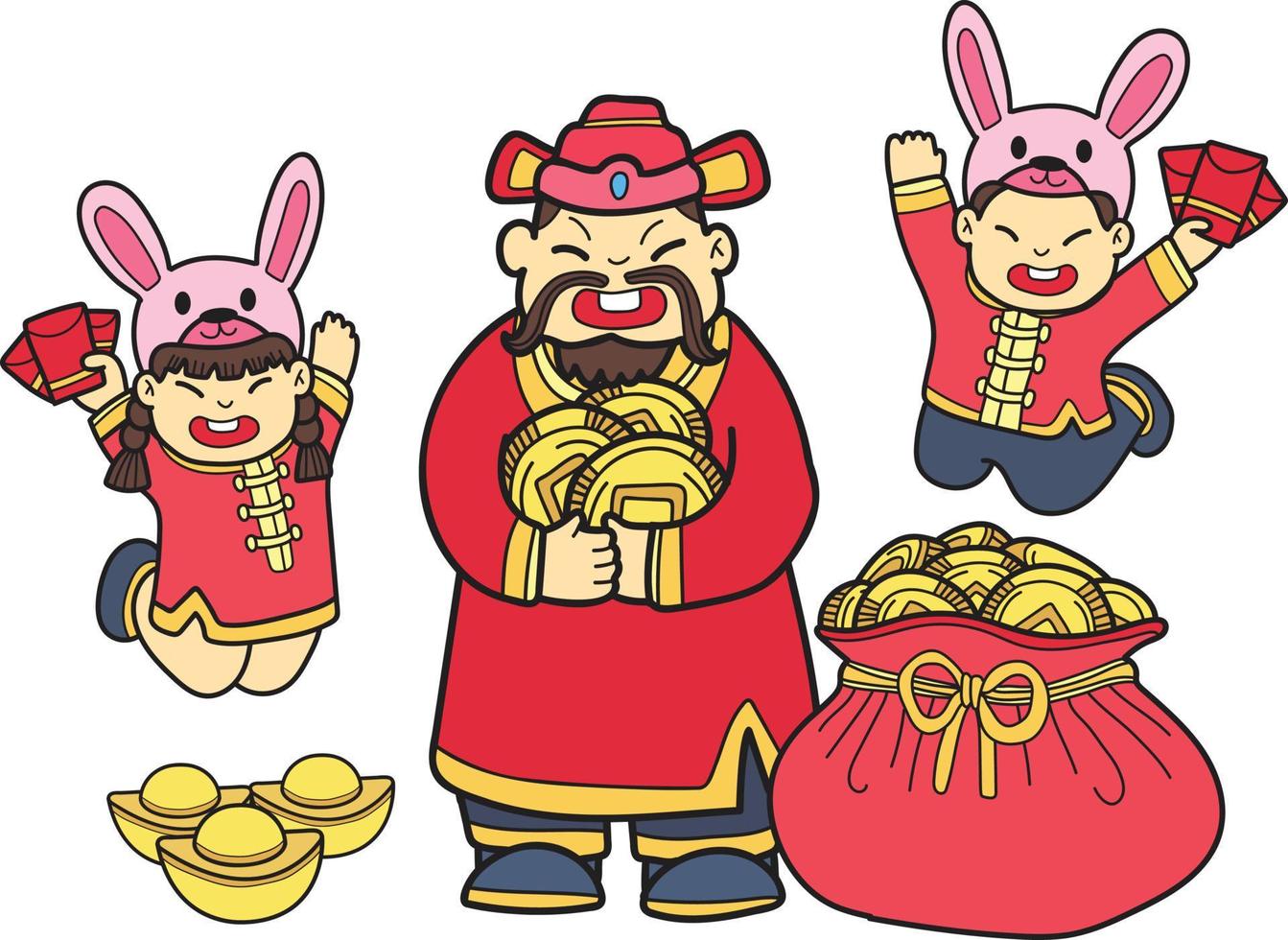 dibujado a mano dios de la riqueza china y niño chino con ilustración de niñas vector