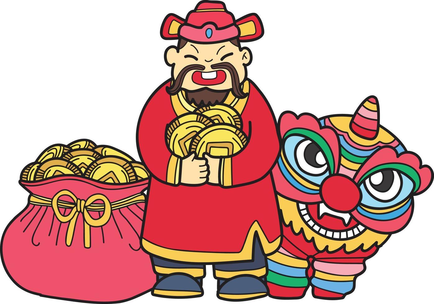 Hand Drawn Wealth God and Chinese Lion illustration vector