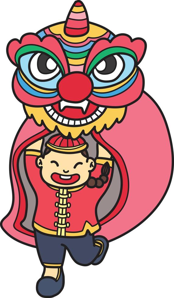 Hand Drawn Chinese lion dancing with Chinese boys illustration vector