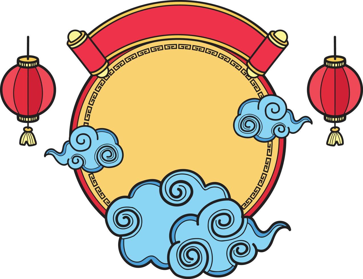 fondo de círculo chino dibujado a mano con ilustración de nubes vector
