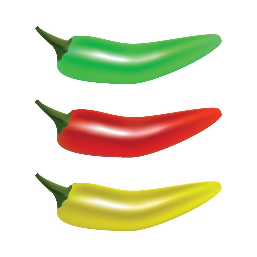 Vector Set of Red, Yellow and Green Hot Chili Pepper on White Background