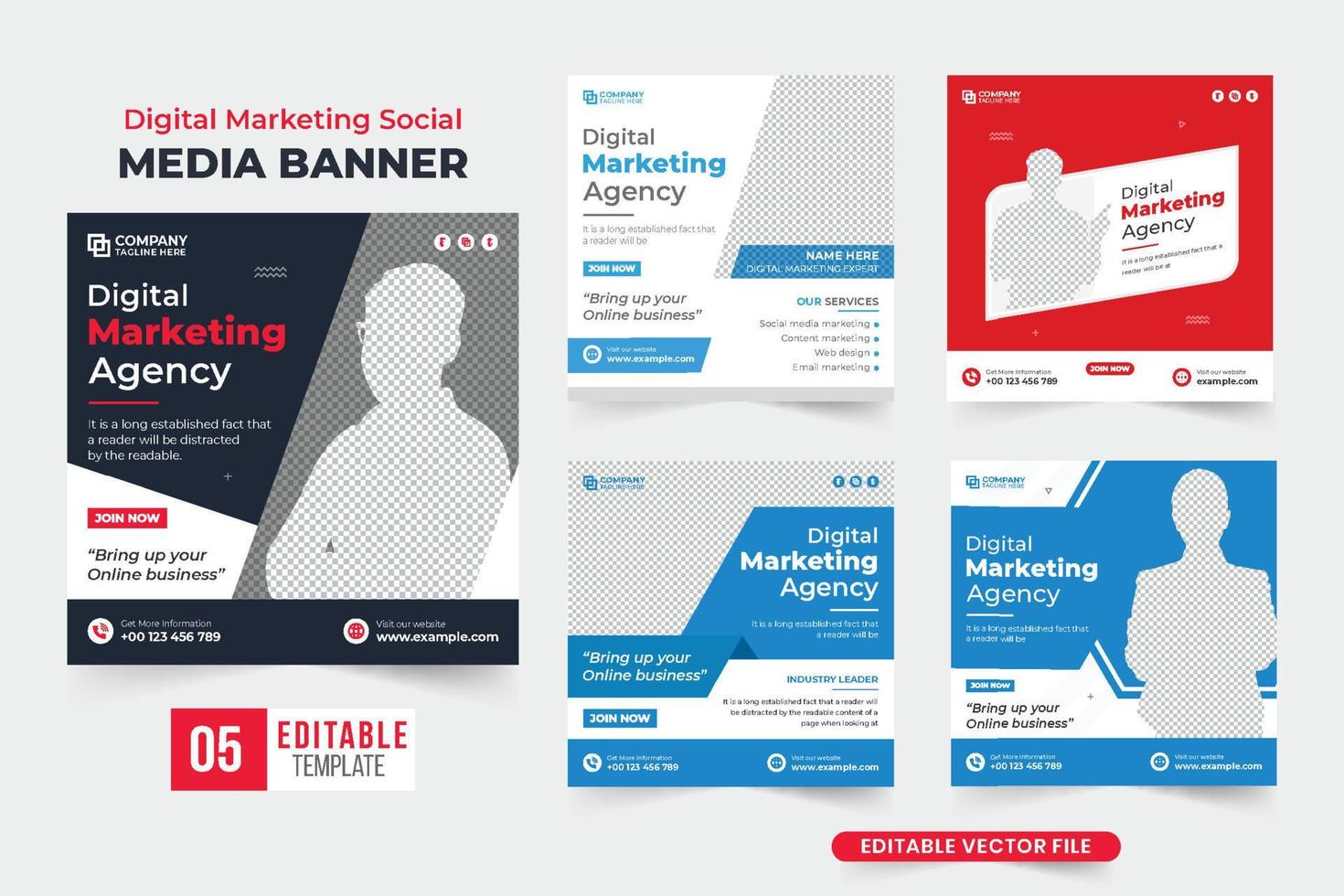 Digital marketing social media post bundle with dark and blue colors. Company brand promotion template collection for marketing. Business advertisement web banner set design with photo placeholders. vector