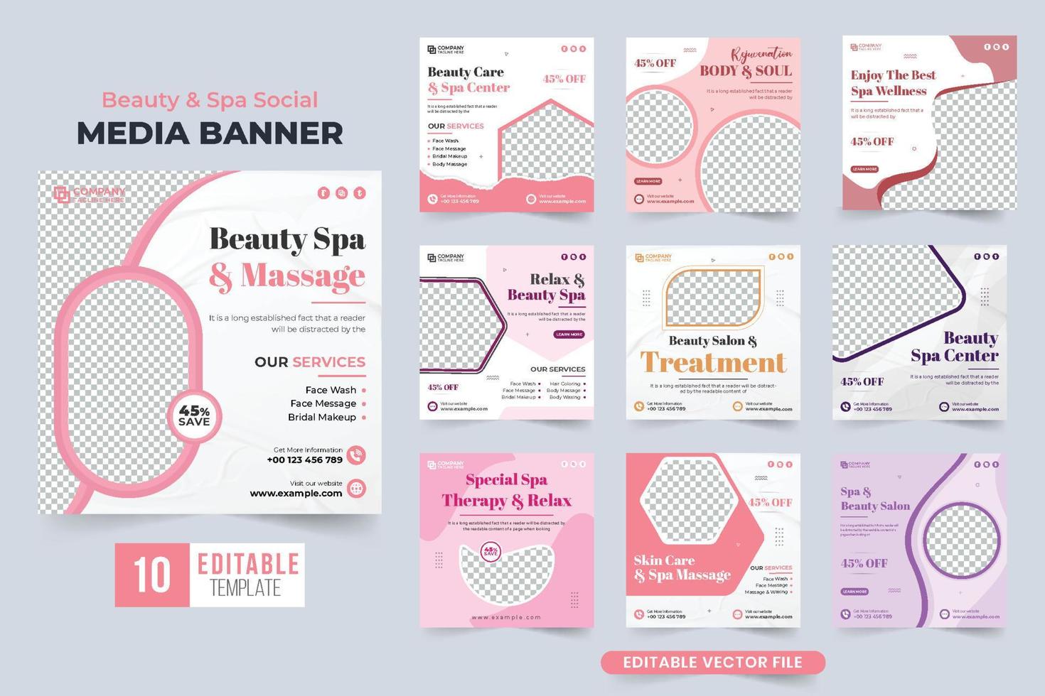 Beauty spa and relaxation center social media post collection with abstract shapes. Modern beauty parlor business template set for social media marketing. Spa massage discount web banner bundle. vector