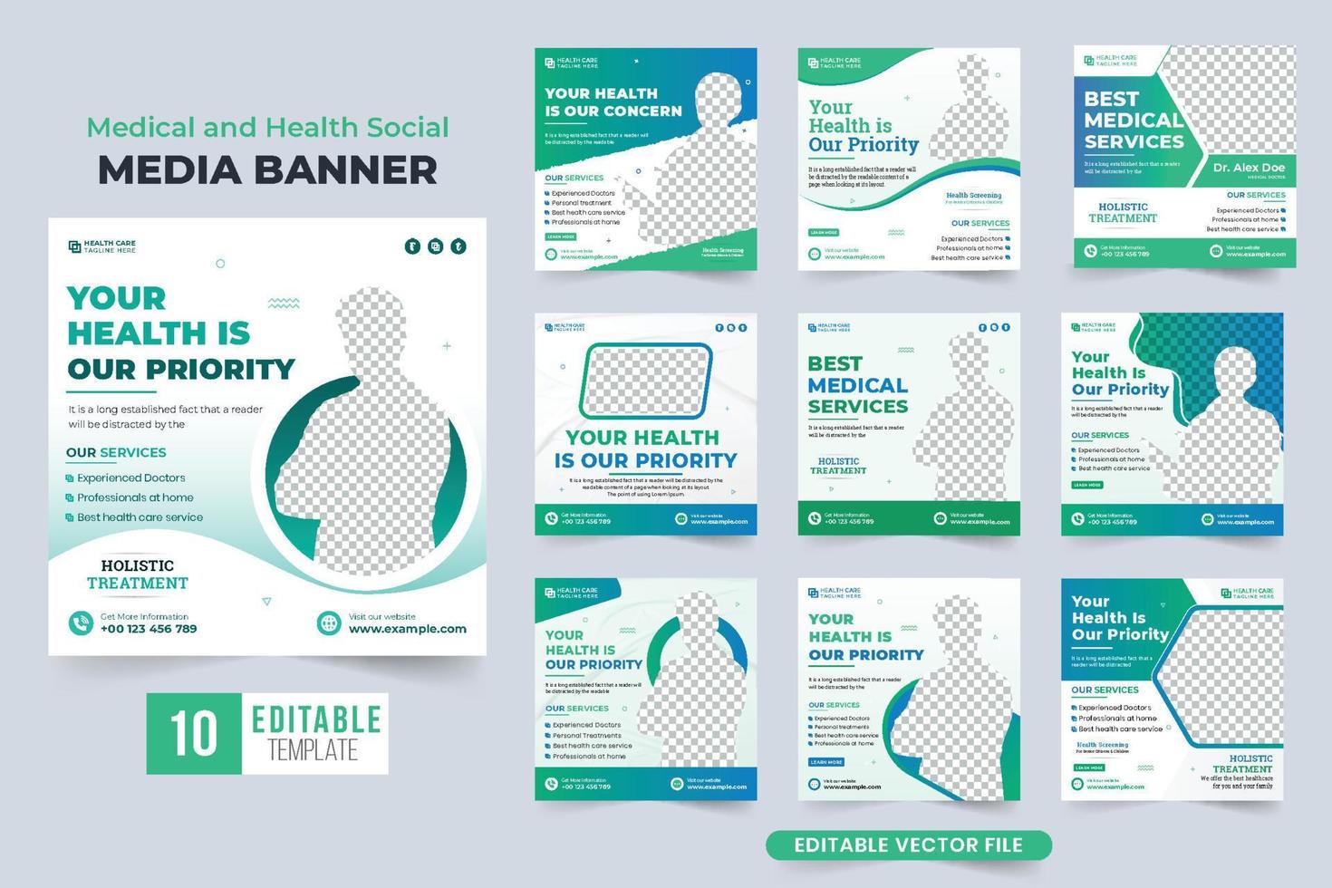 diseño de paquete de plantillas de anuncios de instalaciones médicas con formas abstractas. vector de colección de banner web promocional de tratamiento hospitalario. vector de conjunto de publicaciones de redes sociales de servicio de atención médica.