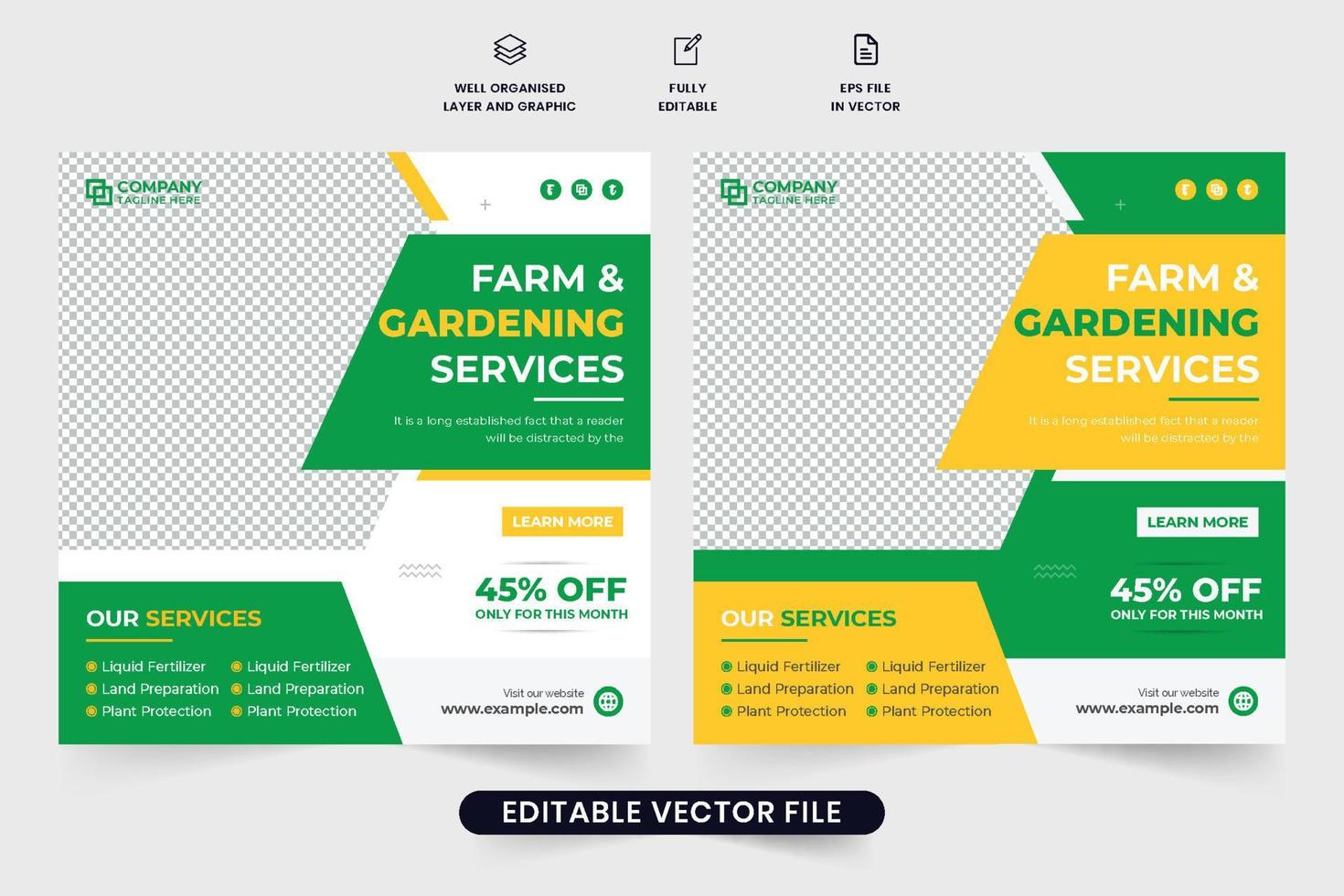 Farm management template vector with green and yellow colors. Lawn and gardening service web banner design for social media marketing. Agro farm service social media post vector for promotion.